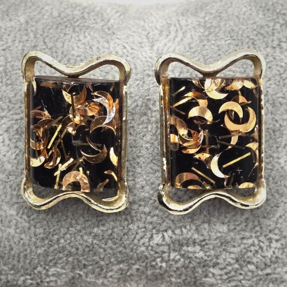Vintage PAM Clip On Earrings Gold Black Celestial Lucite‎ Rectangle Statement